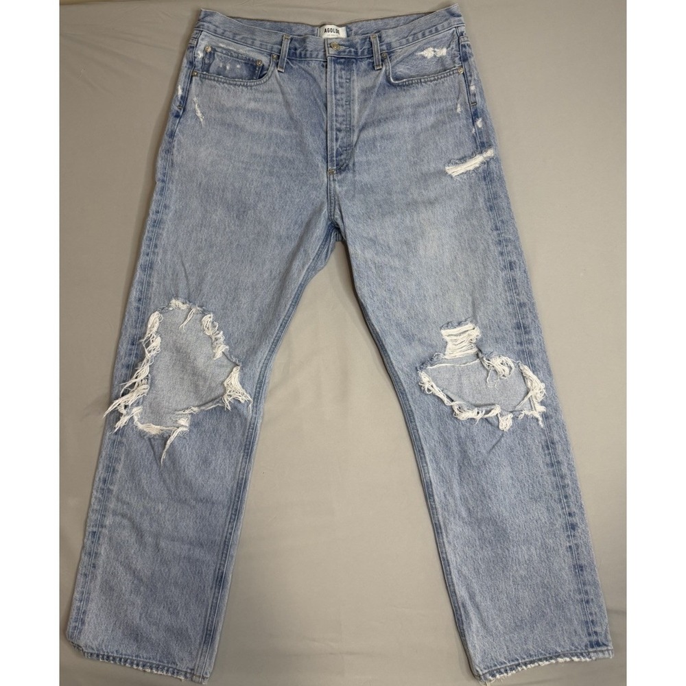 AGOLDE 90s Mid‎ Rise Jeans Size 31 Distressed Ripped Knee Boho Light Wash